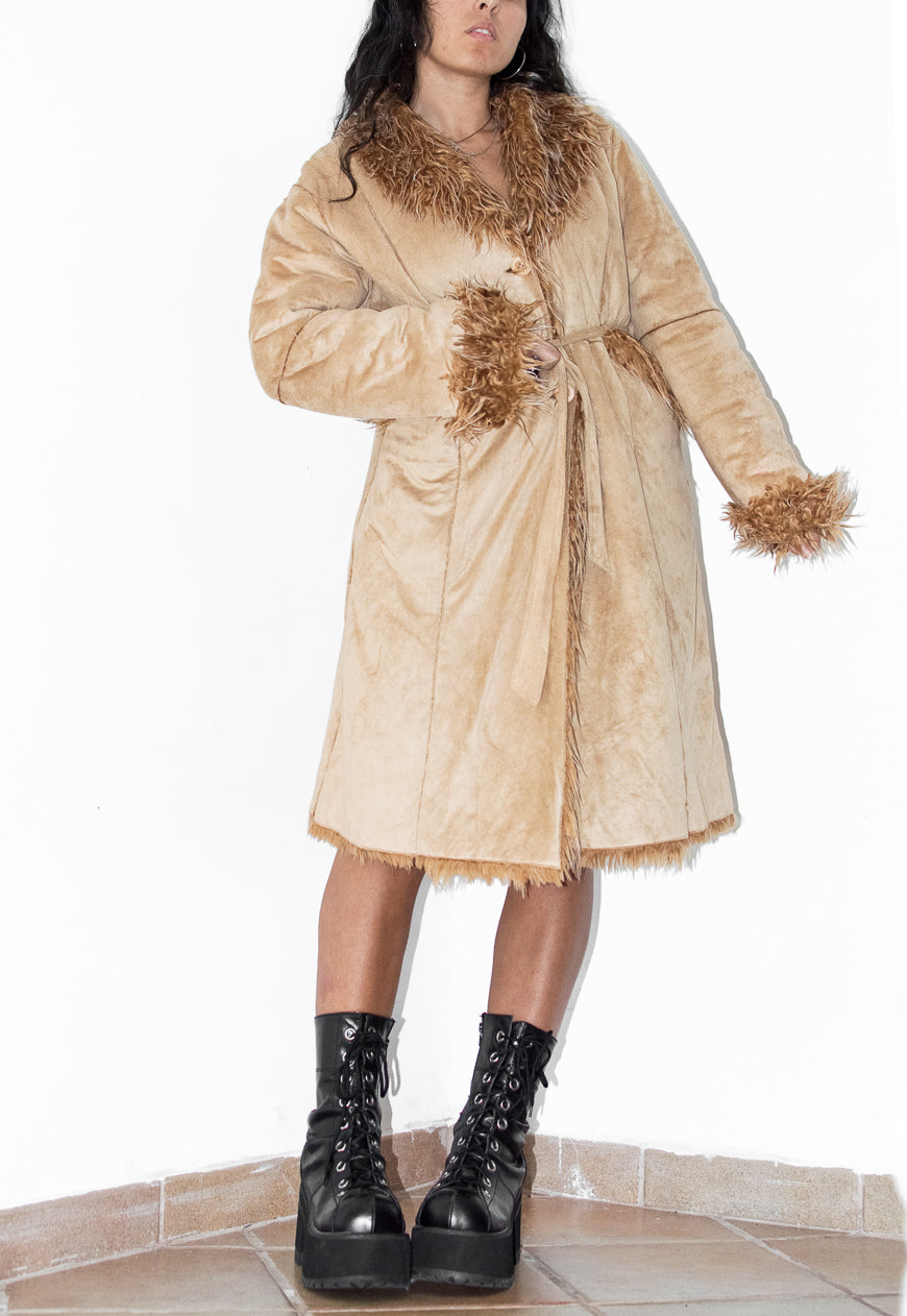 Vintage Fluffy Long Beige Faux Suede Coat