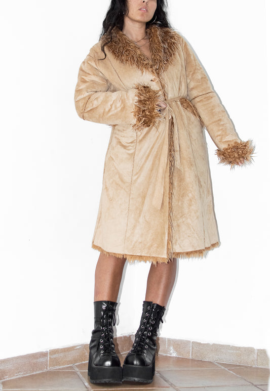 Vintage Fluffy Long Beige Faux Suede Coat