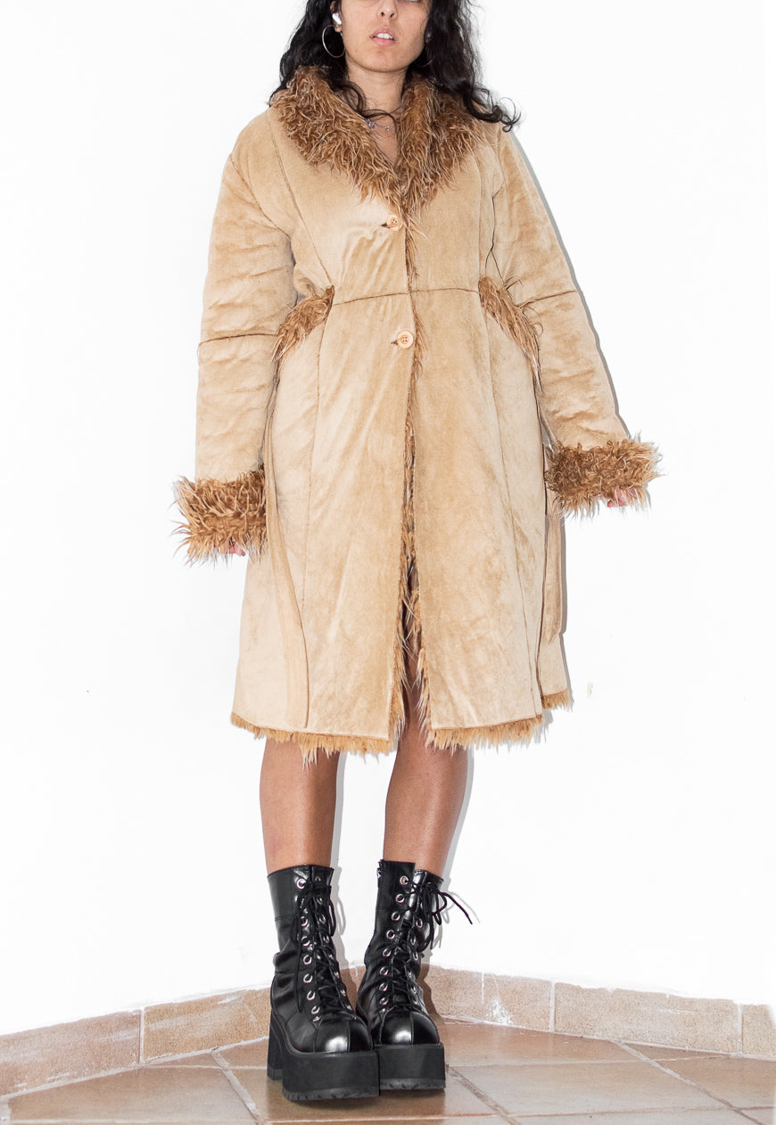 Vintage Fluffy Long Beige Faux Suede Coat