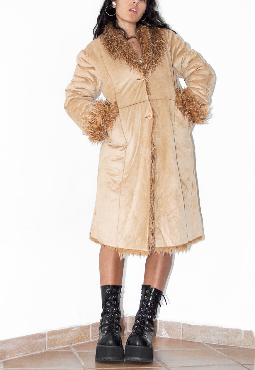 Vintage Fluffy Long Beige Faux Suede Coat