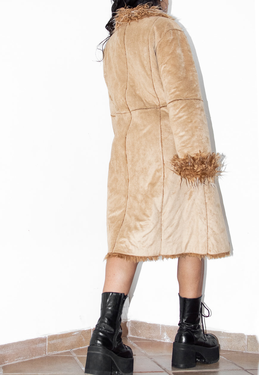 Vintage Fluffy Long Beige Faux Suede Coat