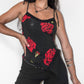 Vintage Y2k Goth Red Roses Lace Trim Detail Asymmetric Pointy Top - Size Onesize