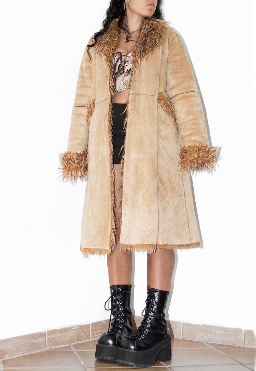 Vintage Fluffy Long Beige Faux Suede Coat