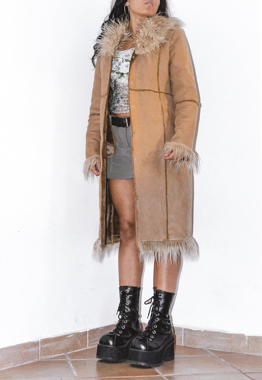 Vintage Faux Fur Trimmed Beige Afghan Coat