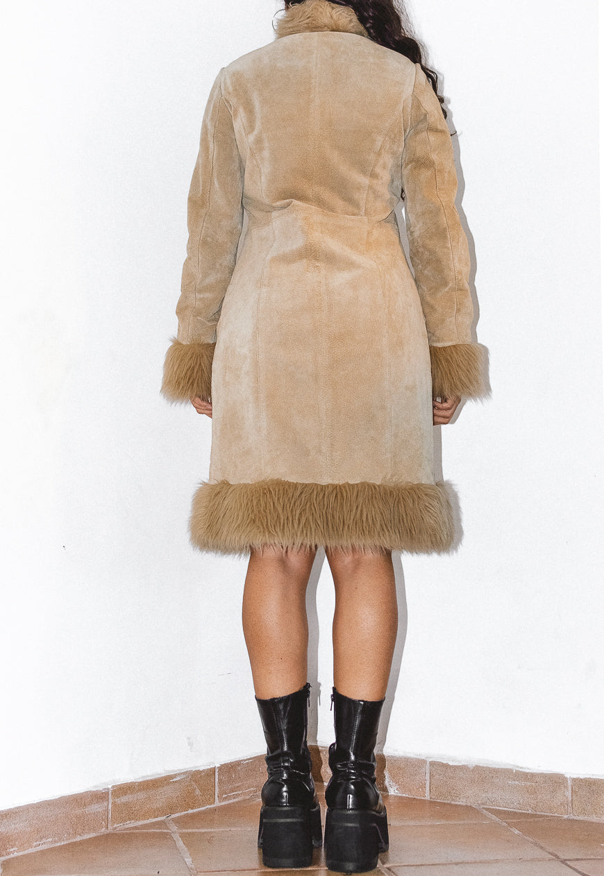 Embroidery Real Leather and Faux Fur Beige Afghan Coat