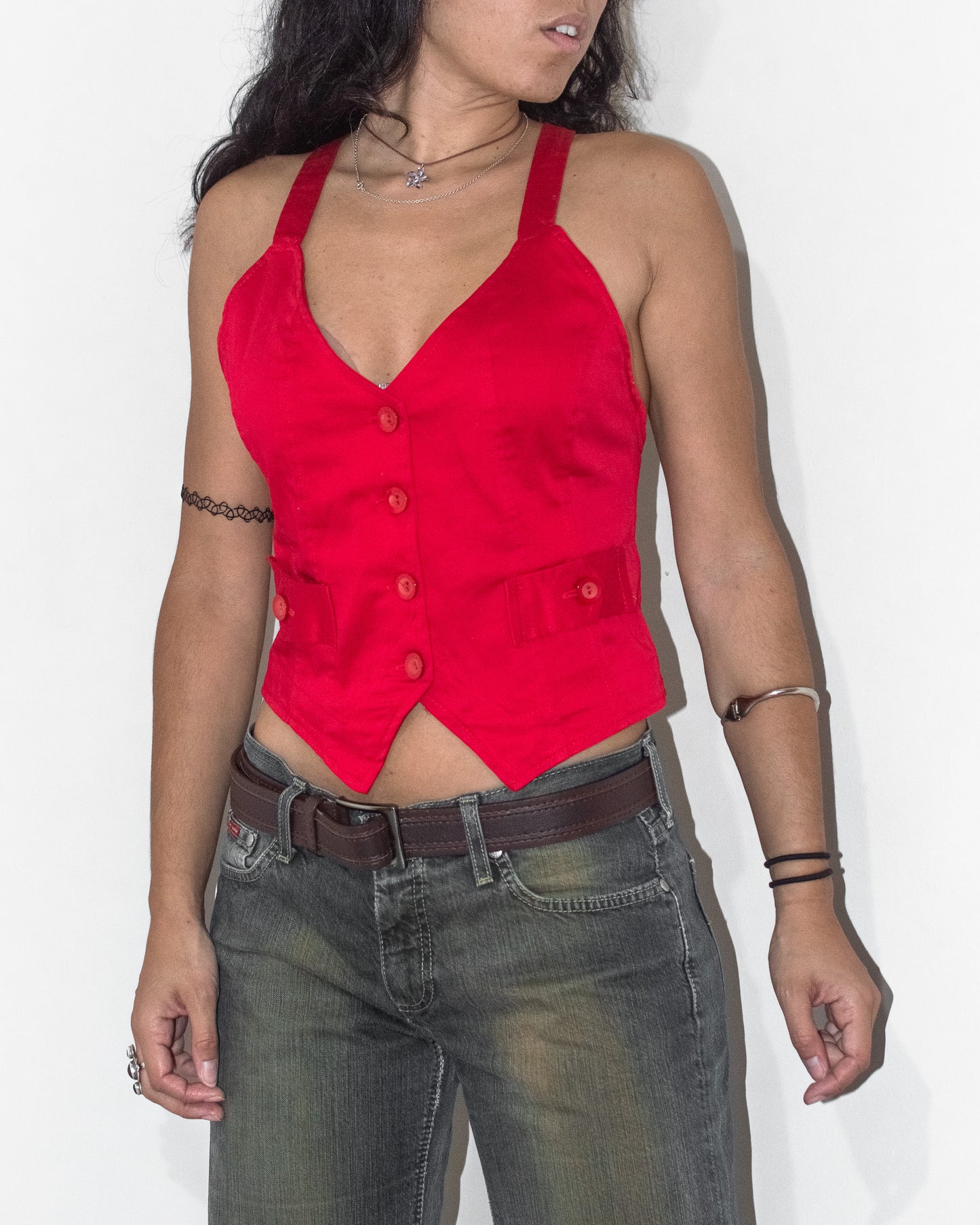 2000s Vintage Red Party Sexy Back Red Button Down Vest Top - Size S