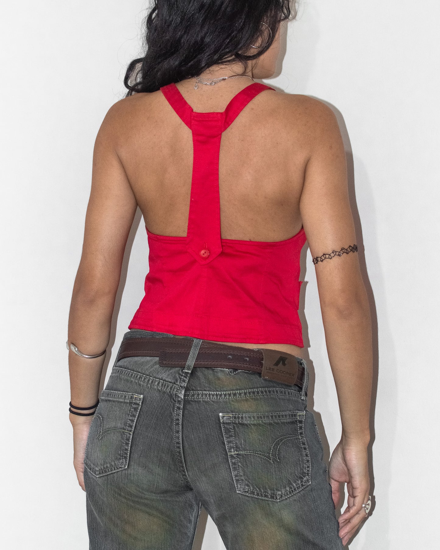 2000s Vintage Red Party Sexy Back Red Button Down Vest Top - Size S