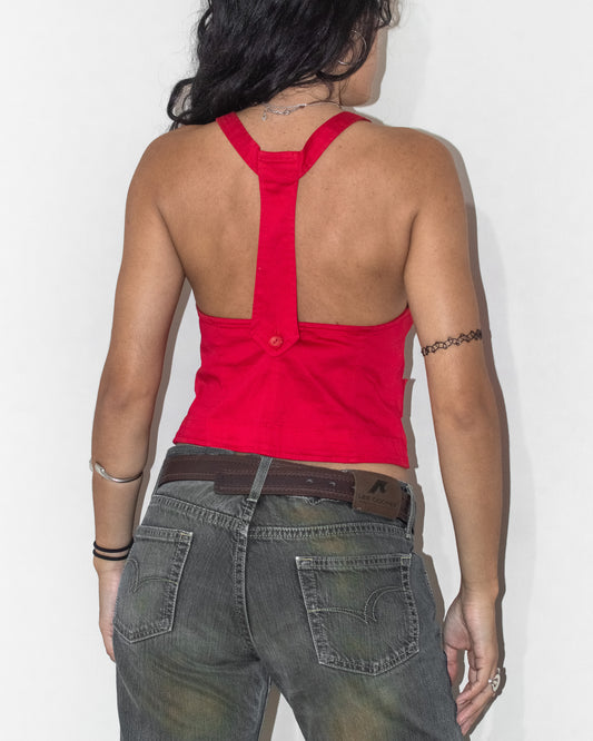 2000s Vintage Red Party Sexy Back Red Button Down Vest Top - Size S