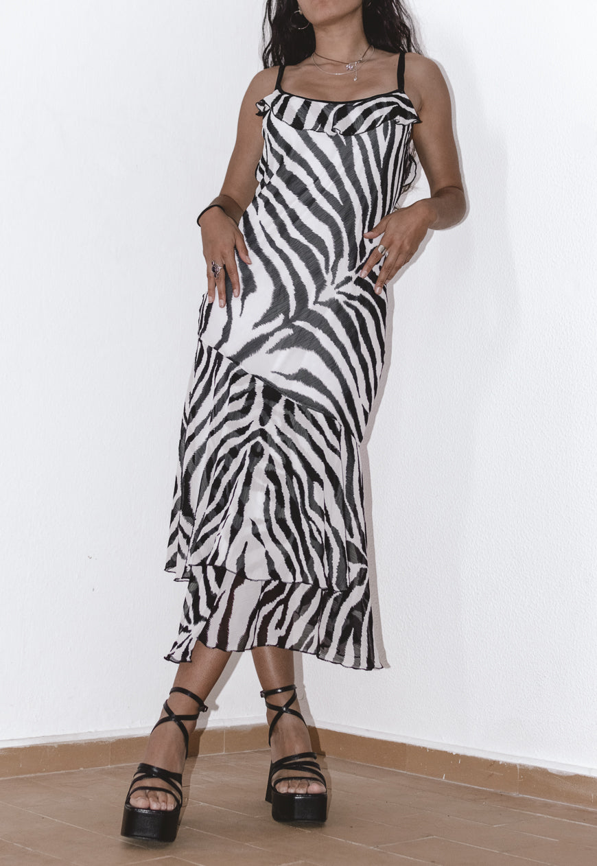 Cocktail Ruffle Frill Slip Dress with a Zebra Print