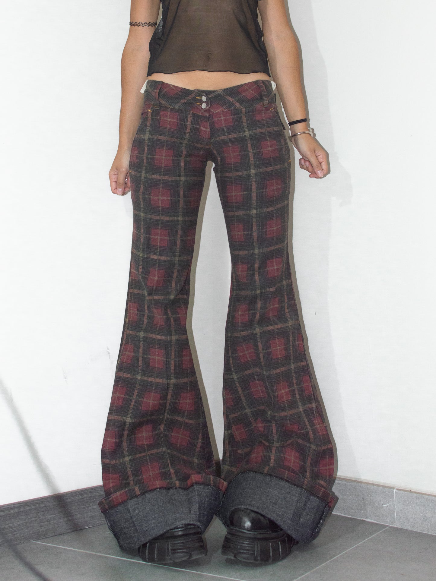 Vintage Deadstock Y2k Tartan Check Print Super Flare Low Rise Jeans - Size S