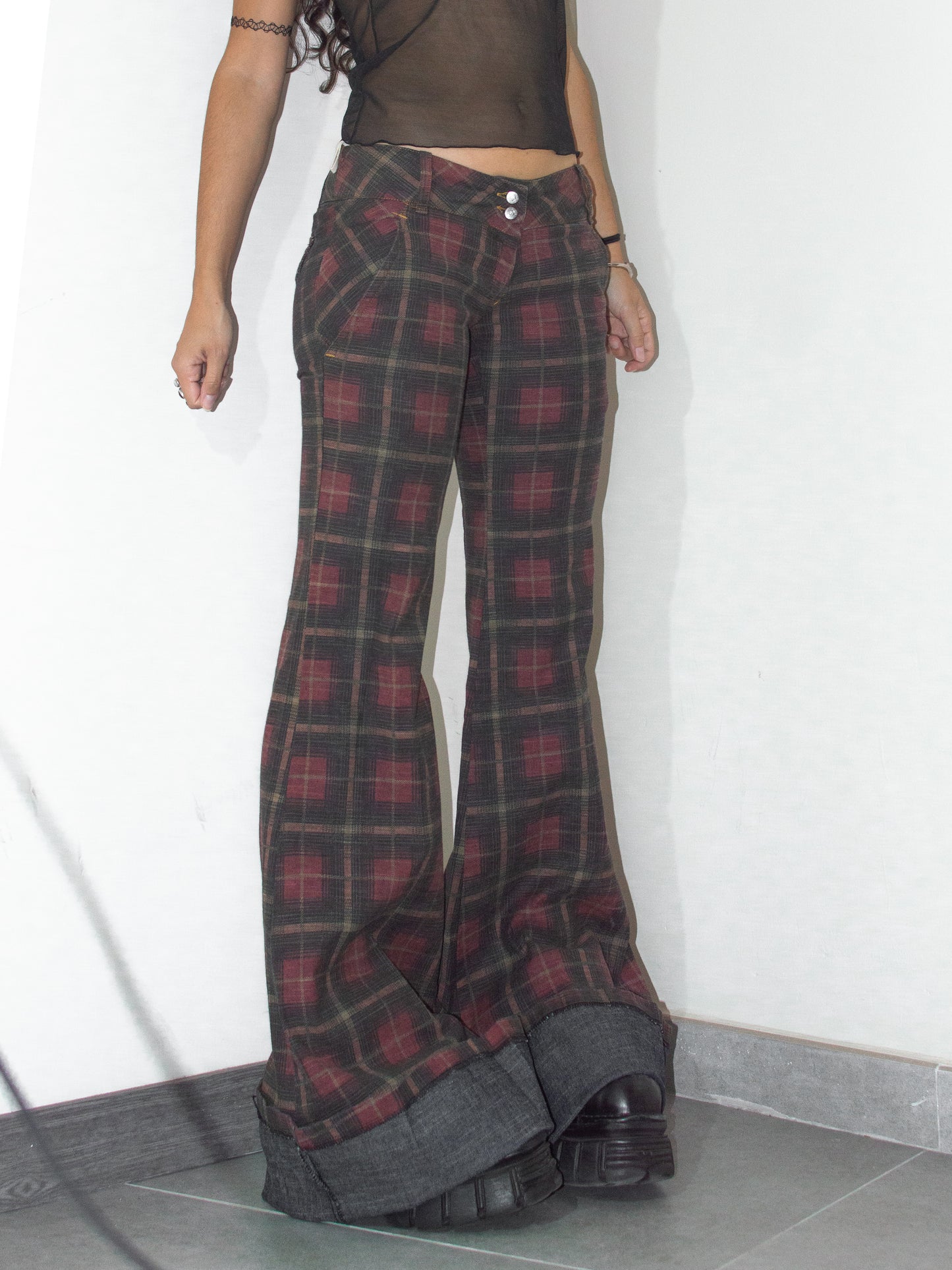 Vintage Deadstock Y2k Tartan Check Print Super Flare Low Rise Jeans - Size S