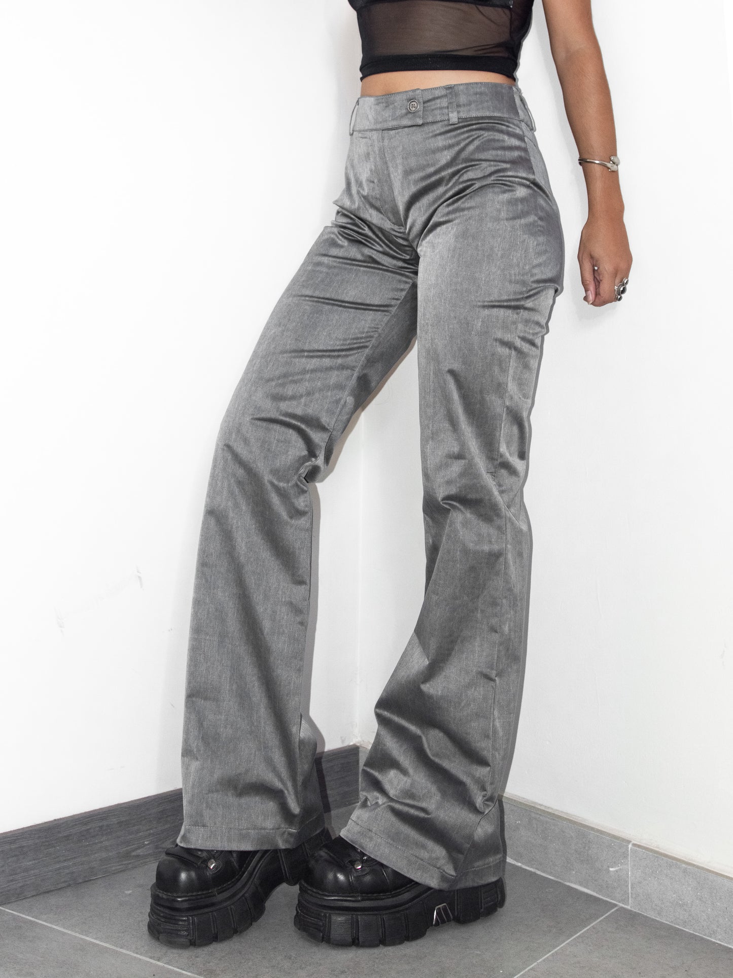 Vintage Deadstock Y2k Silver Grey High Rise Flared Office Siren Trousers - Size L