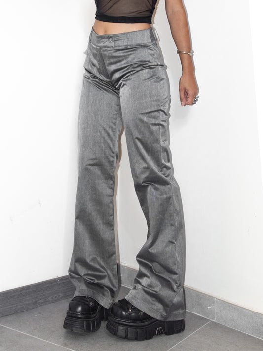 Vintage Deadstock Y2k Silver Grey High Rise Flared Office Siren Trousers - Size L