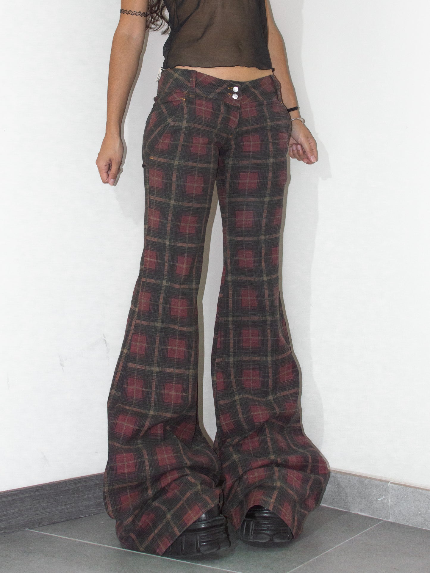 Vintage Deadstock Y2k Tartan Check Print Super Flare Low Rise Jeans - Size S