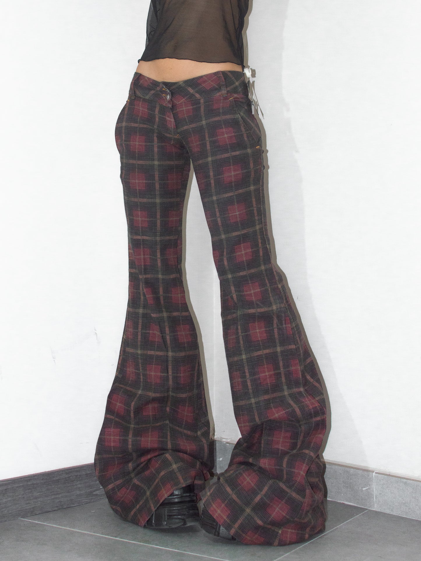 Vintage Deadstock Y2k Tartan Check Print Super Flare Low Rise Jeans - Size S