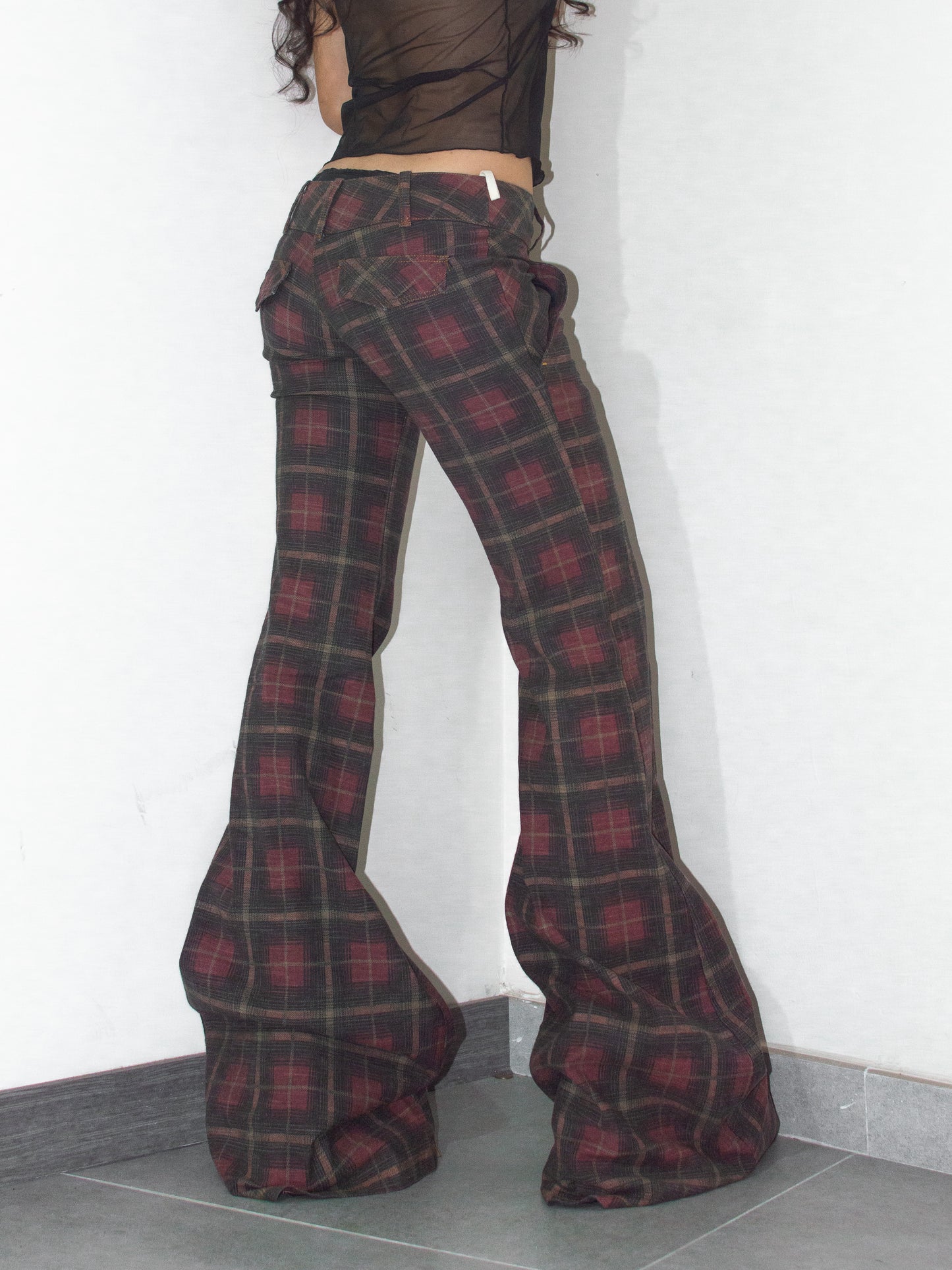 Vintage Deadstock Y2k Tartan Check Print Super Flare Low Rise Jeans - Size S