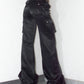 Vintage Y2k Grunge Black Wide Leg Drawstring and Zipper Details Flowy Trousers - Size L