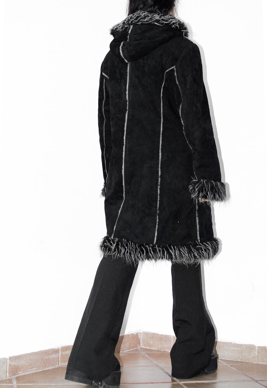 Vintage 2000s Black Hooded Faux Fur Penny Lane Coat