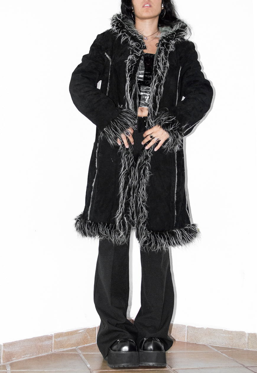 Vintage 2000s Black Hooded Faux Fur Penny Lane Coat