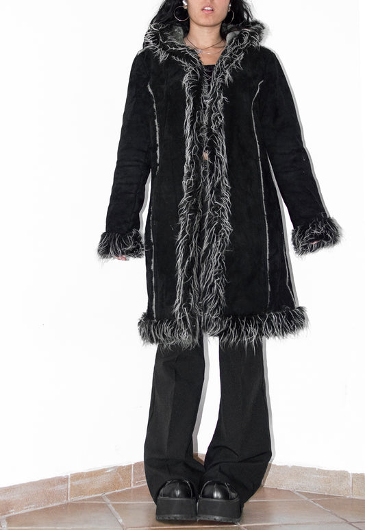 Vintage 2000s Black Hooded Faux Fur Penny Lane Coat