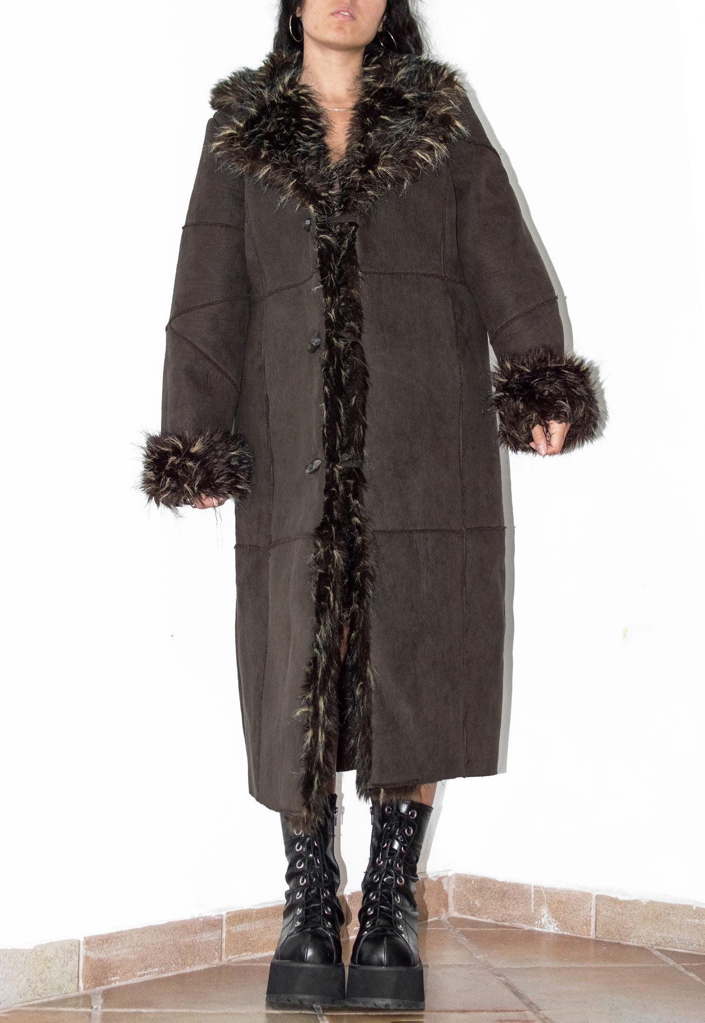 Vintage Dark Brown Long Fur Trim Coat