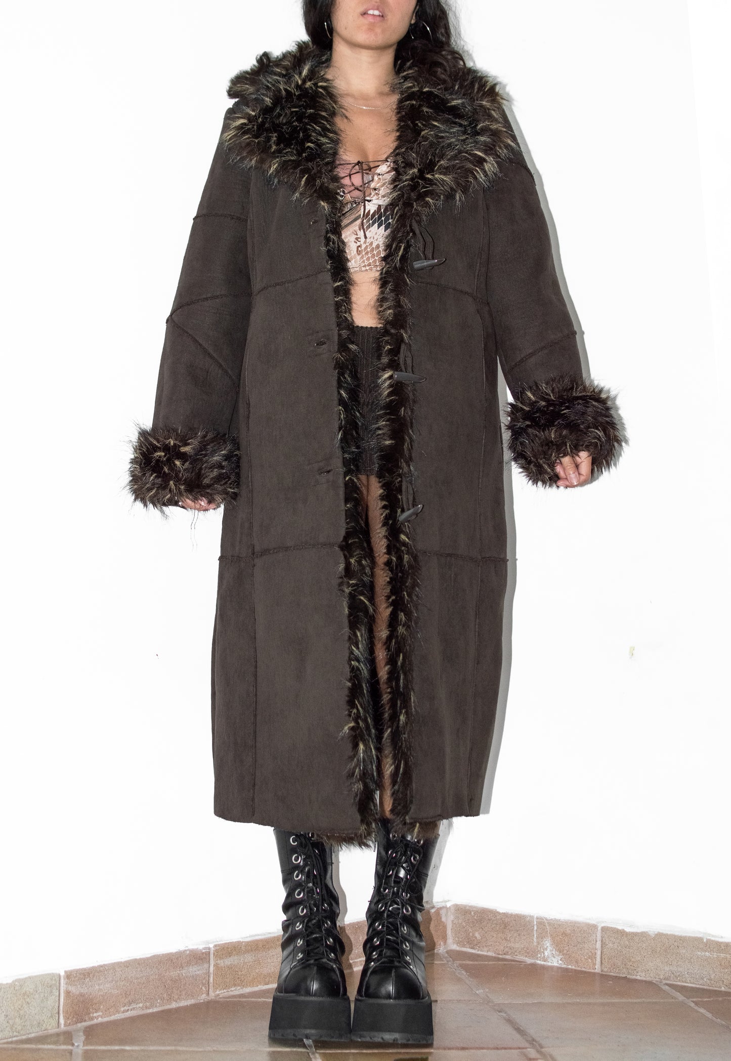 Vintage Dark Brown Long Fur Trim Coat