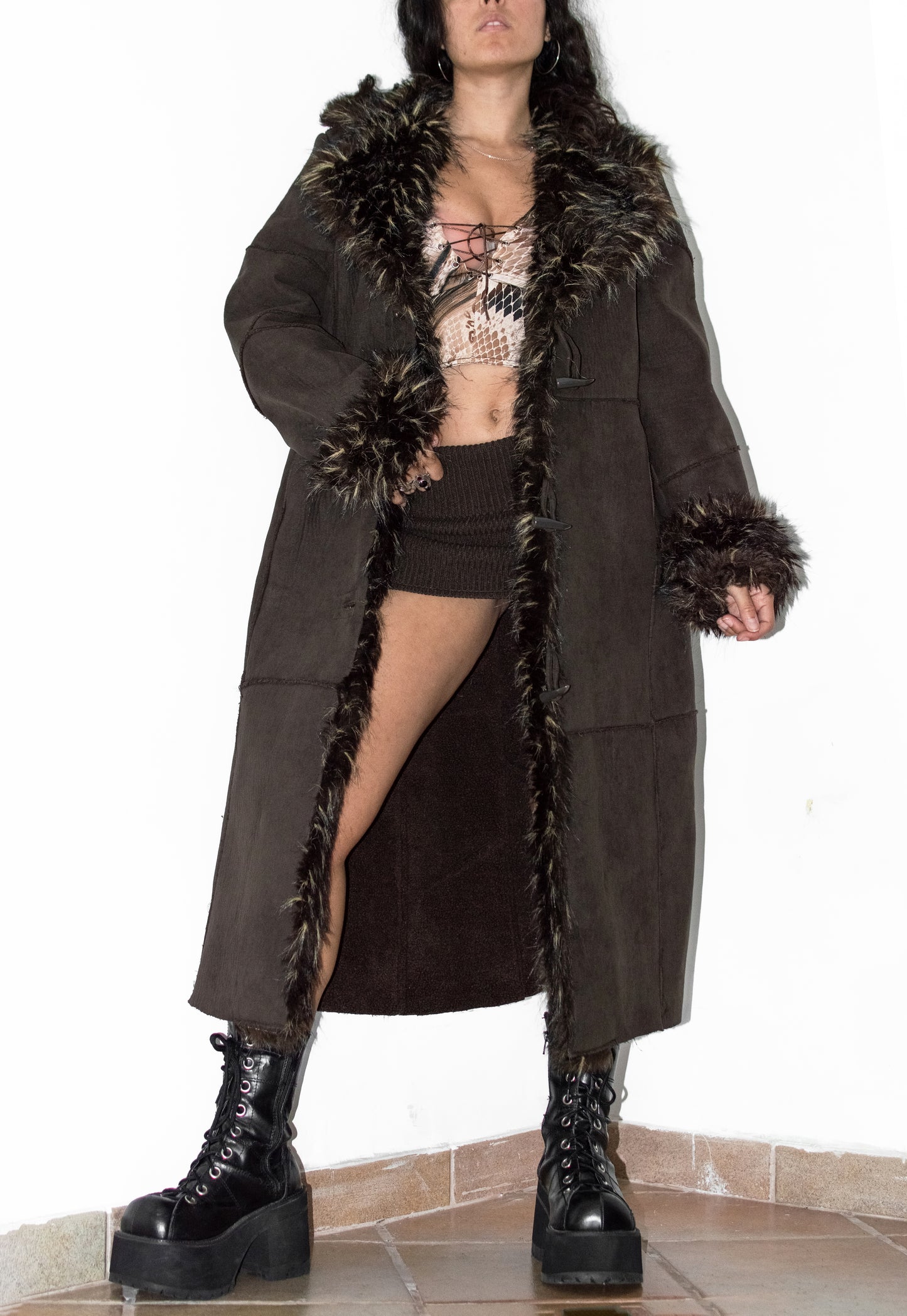 Vintage Dark Brown Long Fur Trim Coat