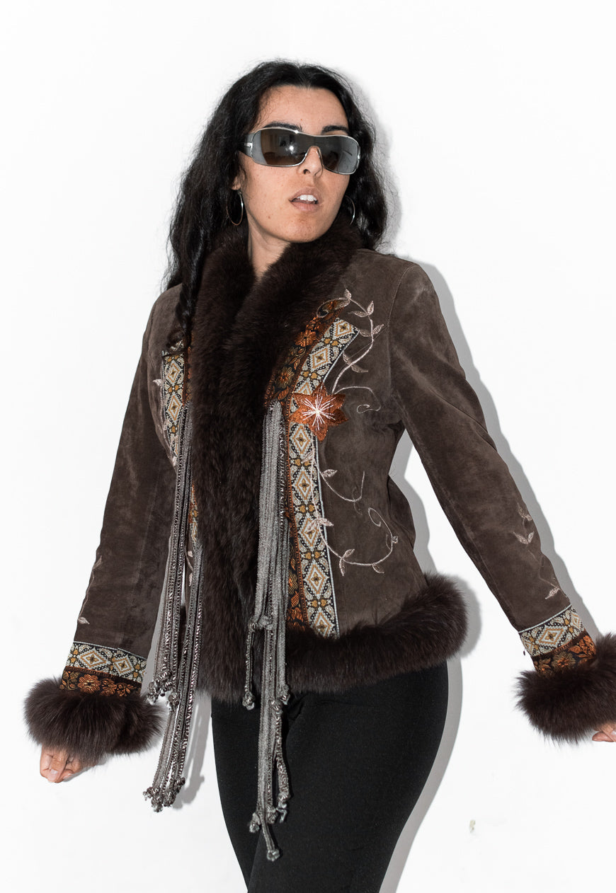 Vintage 90s Embroidered Leather Boho Jacket with Fur Handcuffs