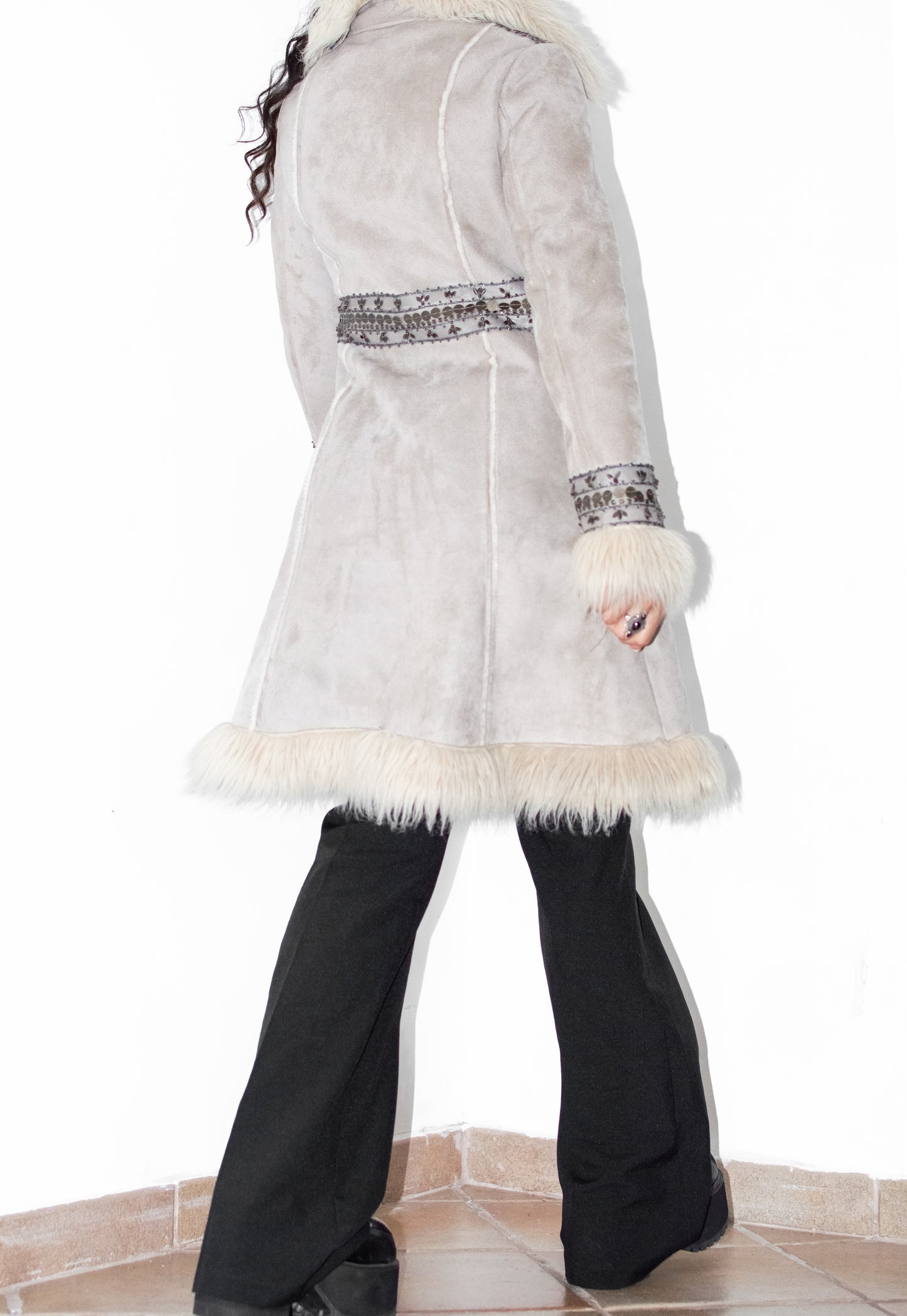 Y2k Beige Embroidery Faux Suede Penny Lane Coat