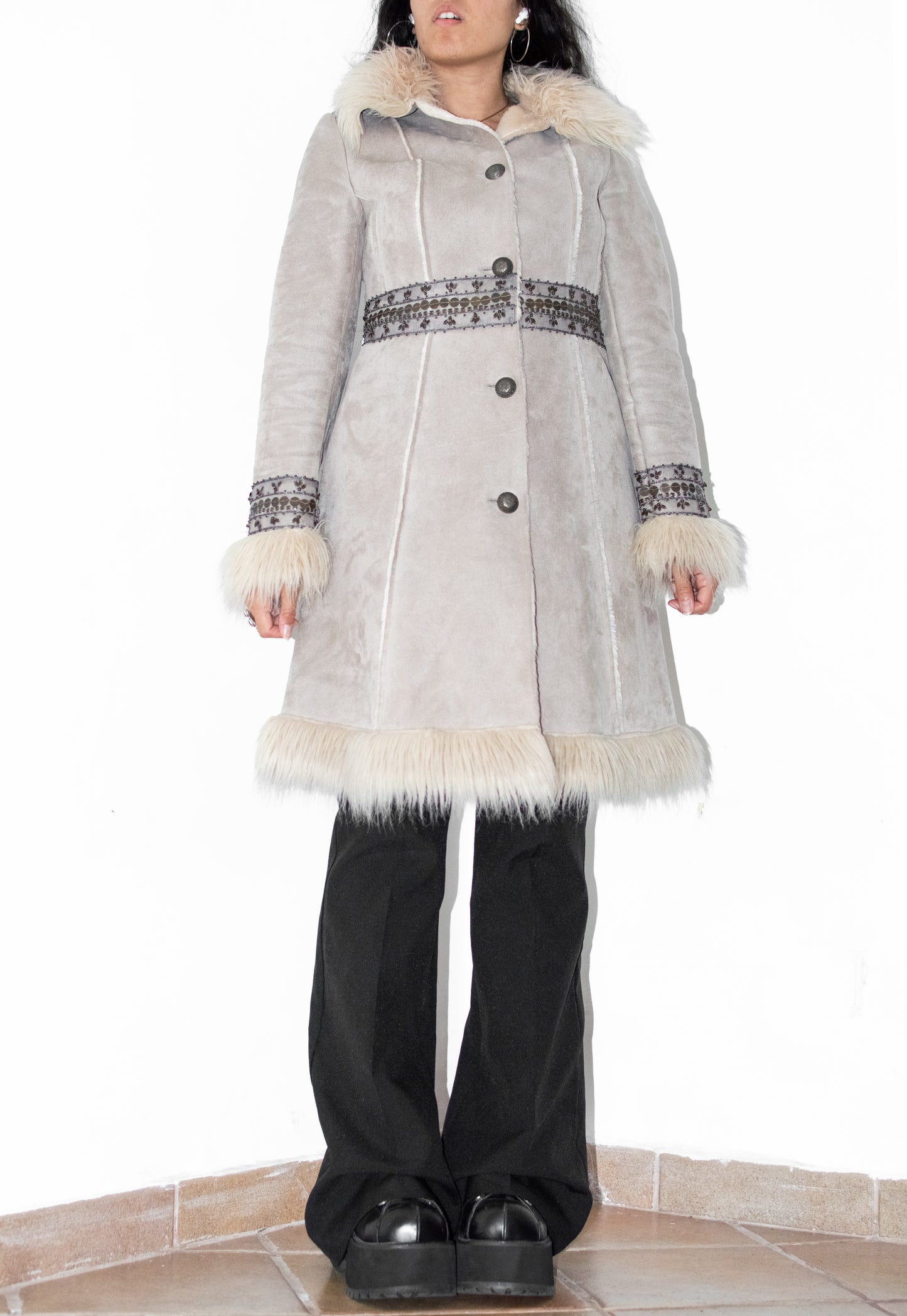 Y2k Beige Embroidery Faux Suede Penny Lane Coat