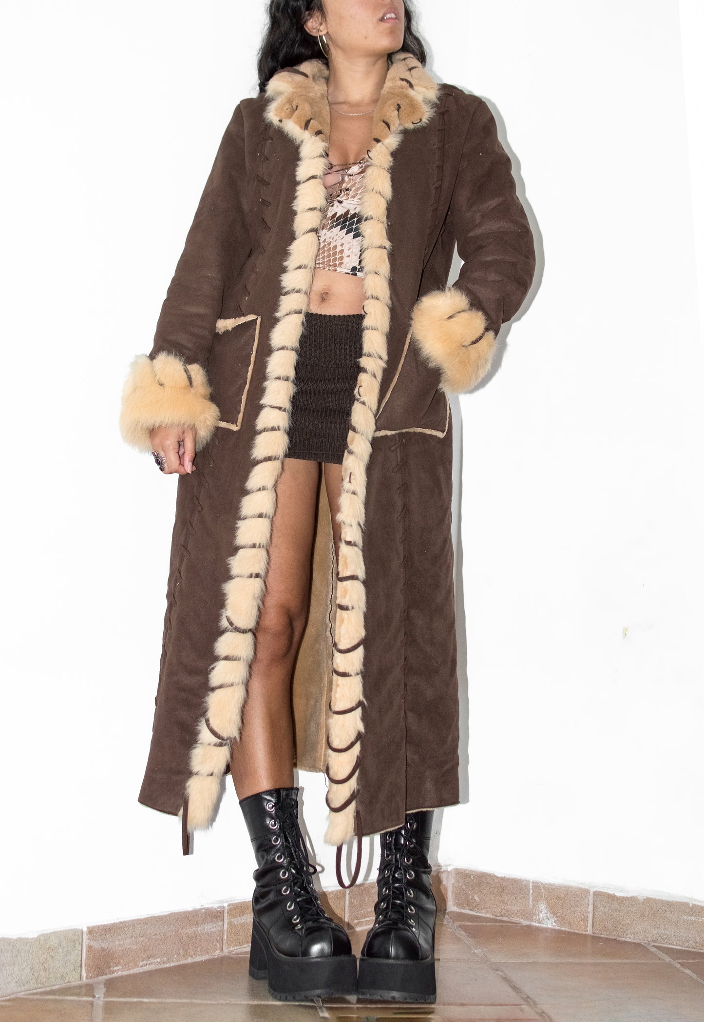 Vintage Long Fur Trim Coat in Brown