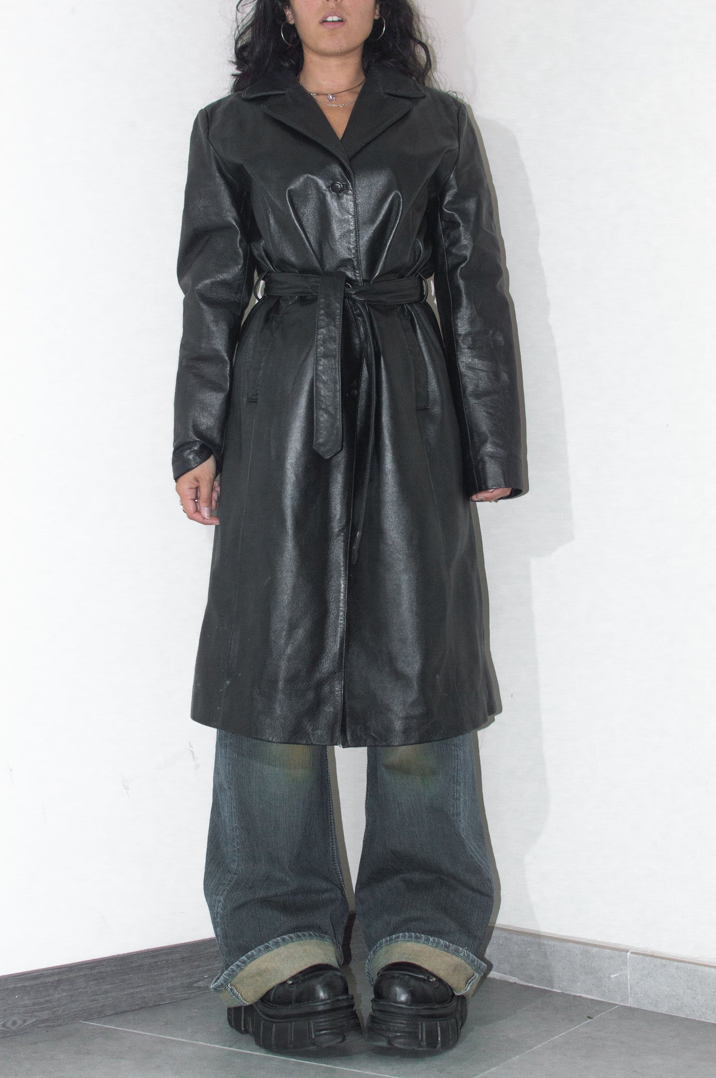 Vintage 90s Long Real Leather Trench Coat with Belt - Size L