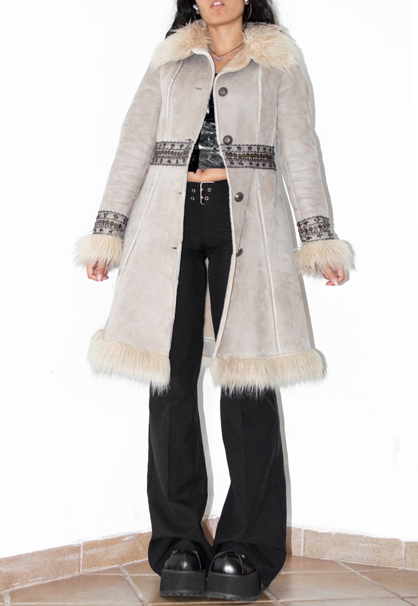 Y2k Beige Embroidery Faux Suede Penny Lane Coat