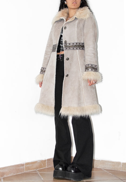 Y2k Beige Embroidery Faux Suede Penny Lane Coat