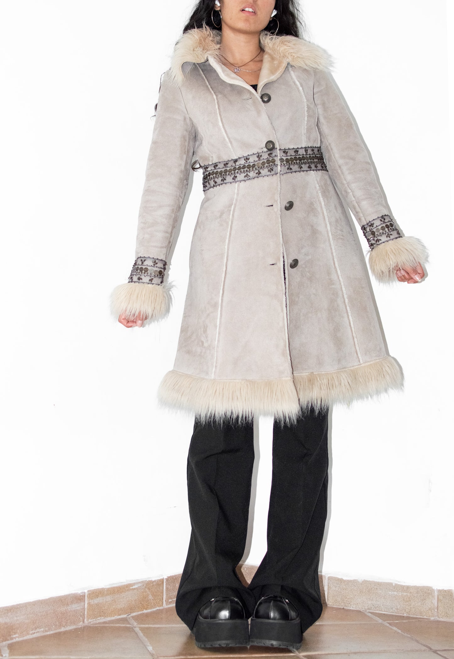 Y2k Beige Embroidery Faux Suede Penny Lane Coat