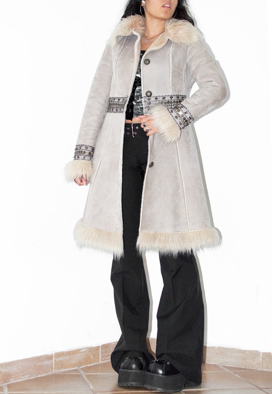 Y2k Beige Embroidery Faux Suede Penny Lane Coat