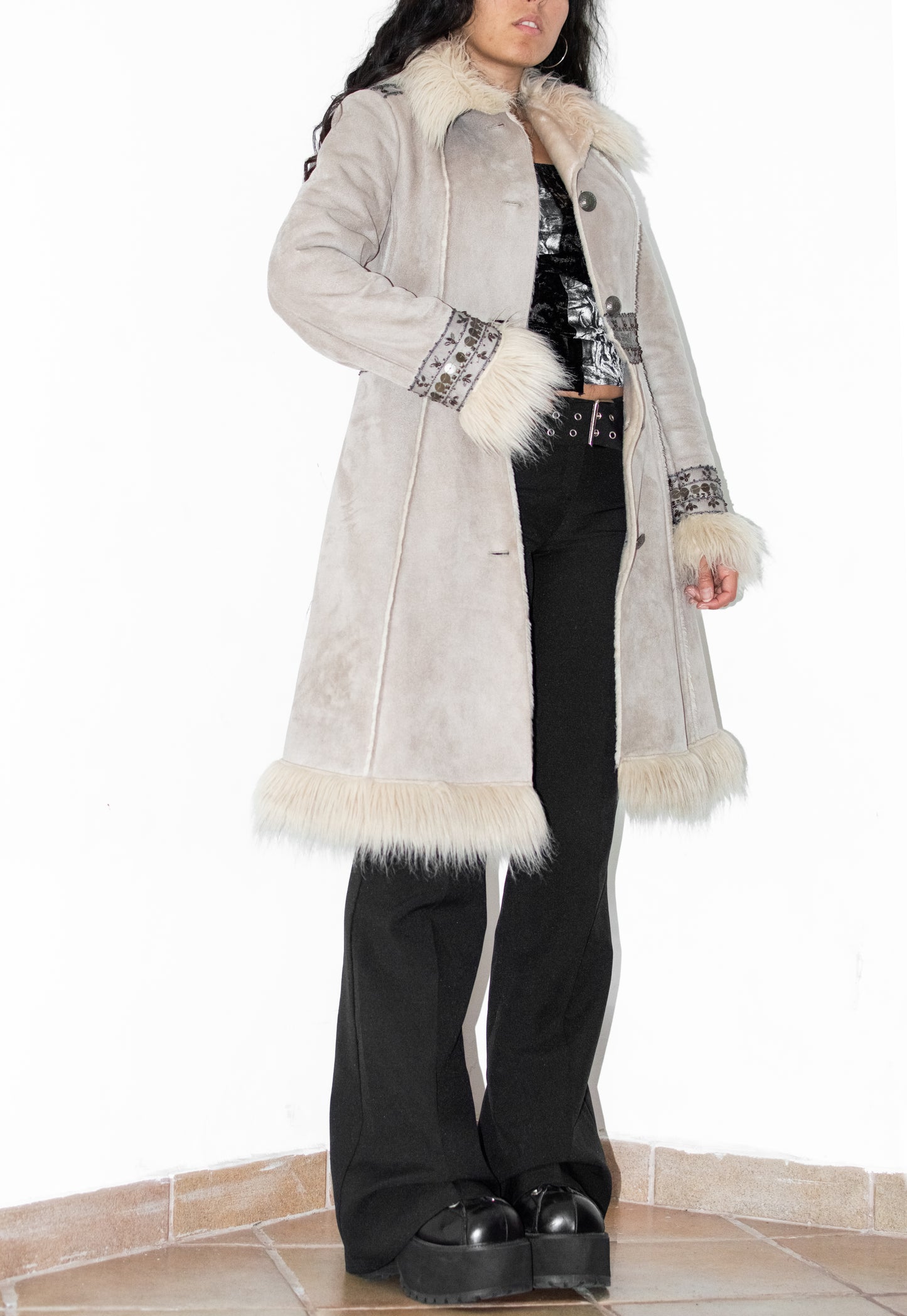 Y2k Beige Embroidery Faux Suede Penny Lane Coat