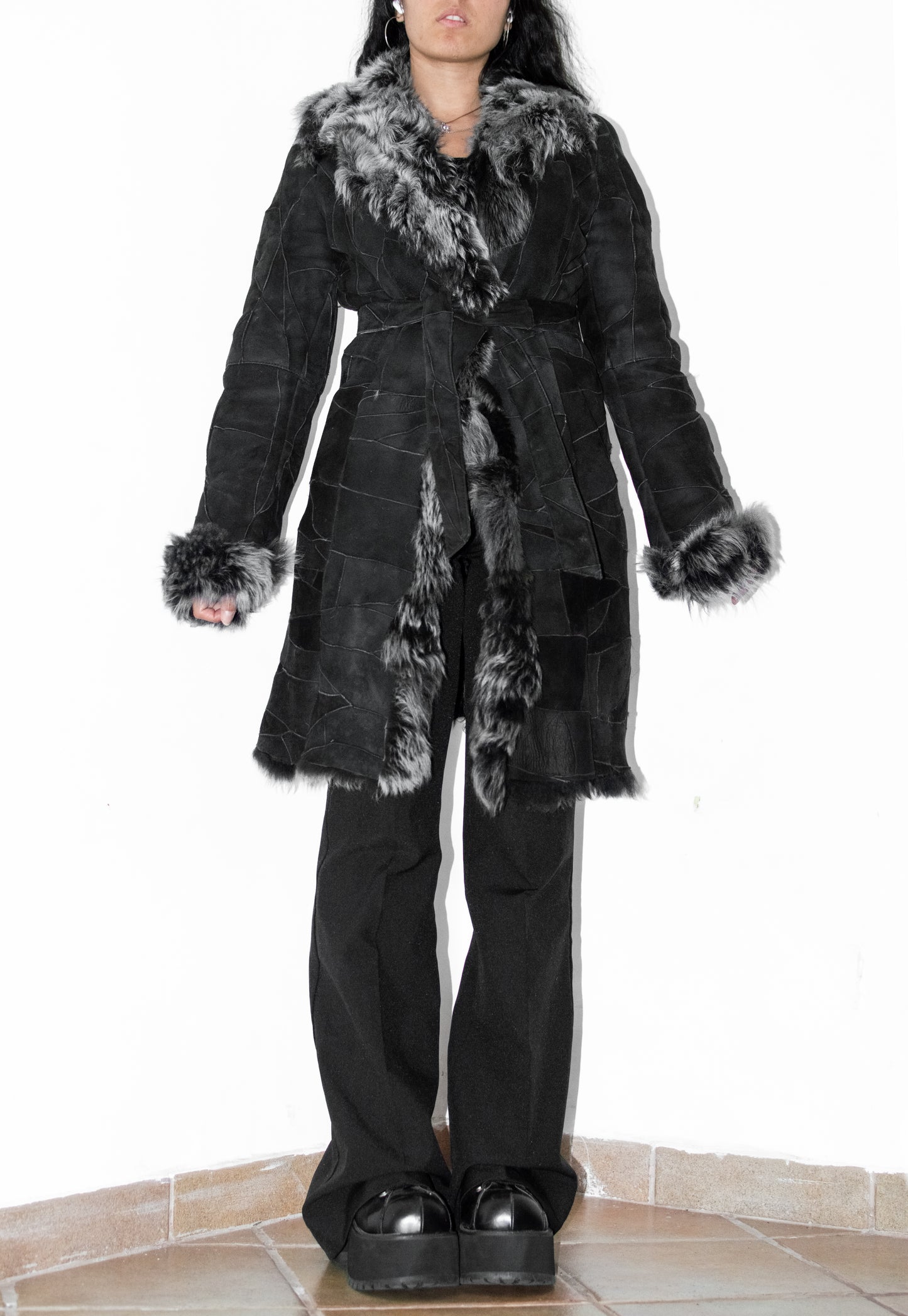 Vintage Black Genuine Leather Patchwork Fur Trim Coat