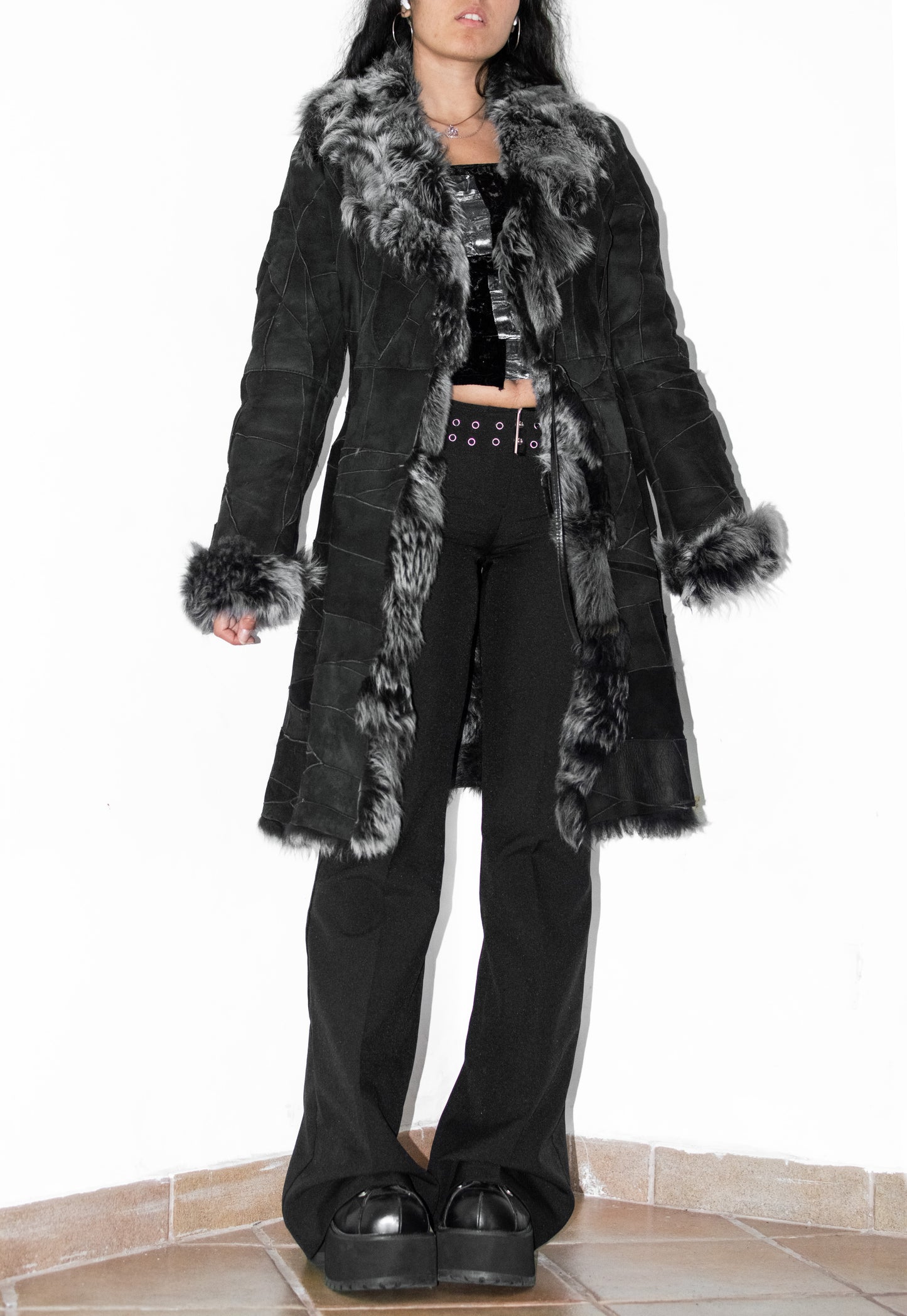 Vintage Black Genuine Leather Patchwork Fur Trim Coat