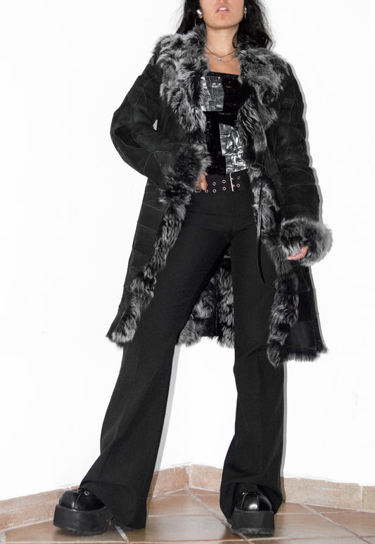 Vintage Black Genuine Leather Patchwork Fur Trim Coat