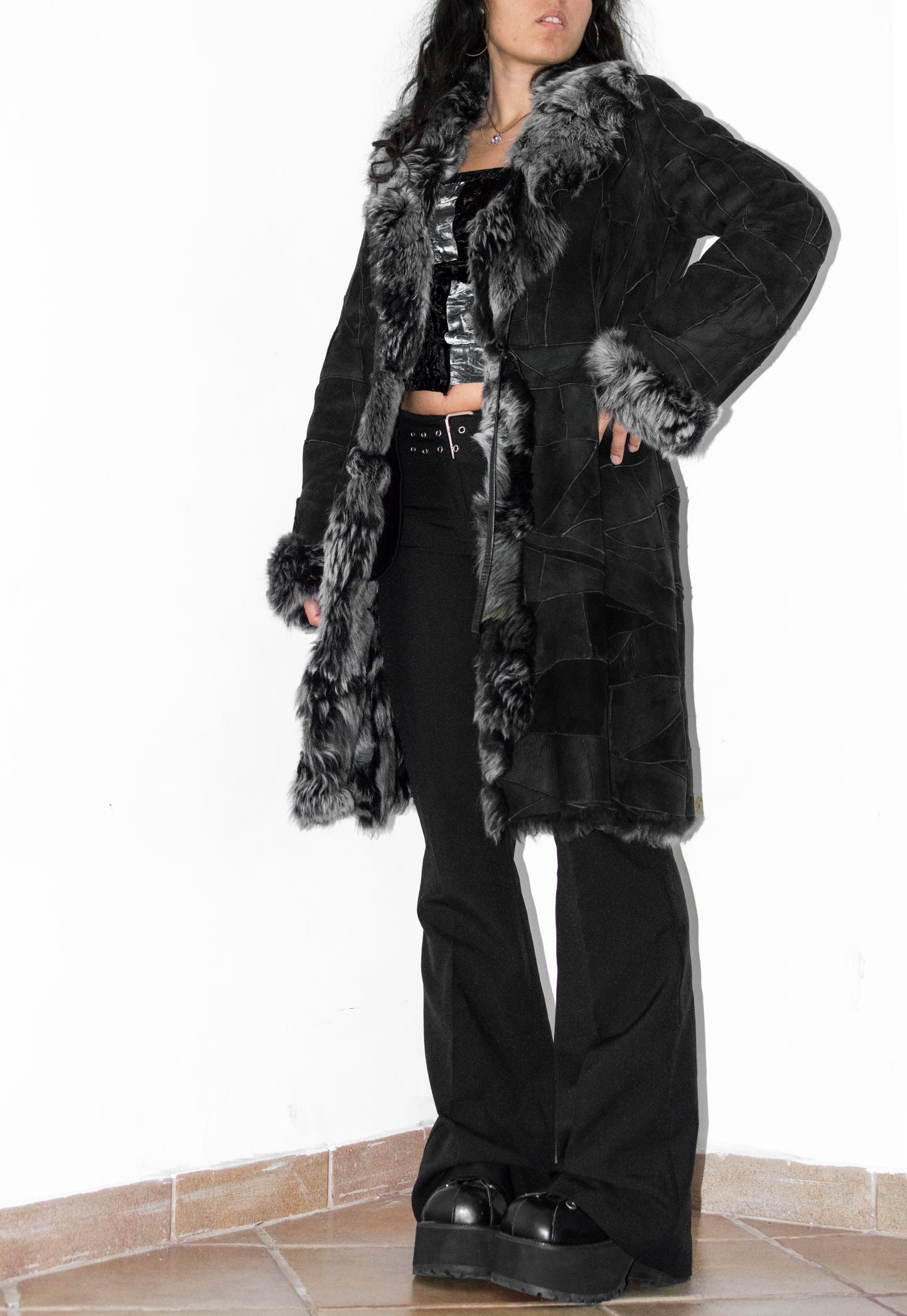 Vintage Black Genuine Leather Patchwork Fur Trim Coat