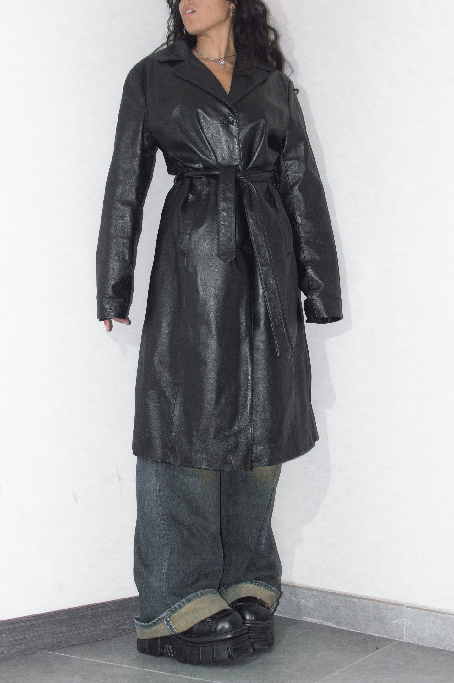 Vintage 90s Long Real Leather Trench Coat with Belt - Size L