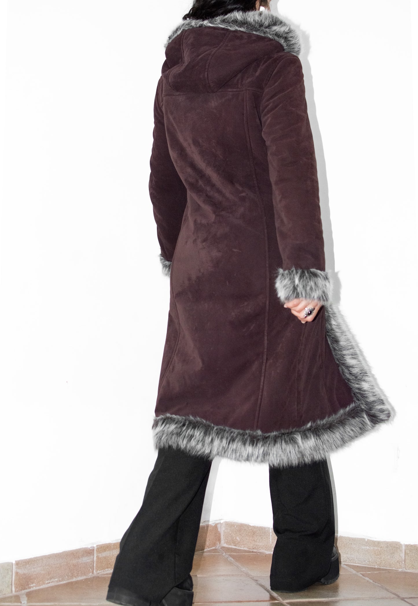 Vintage Burgundy Faux Fur Hooded Afghan Coat