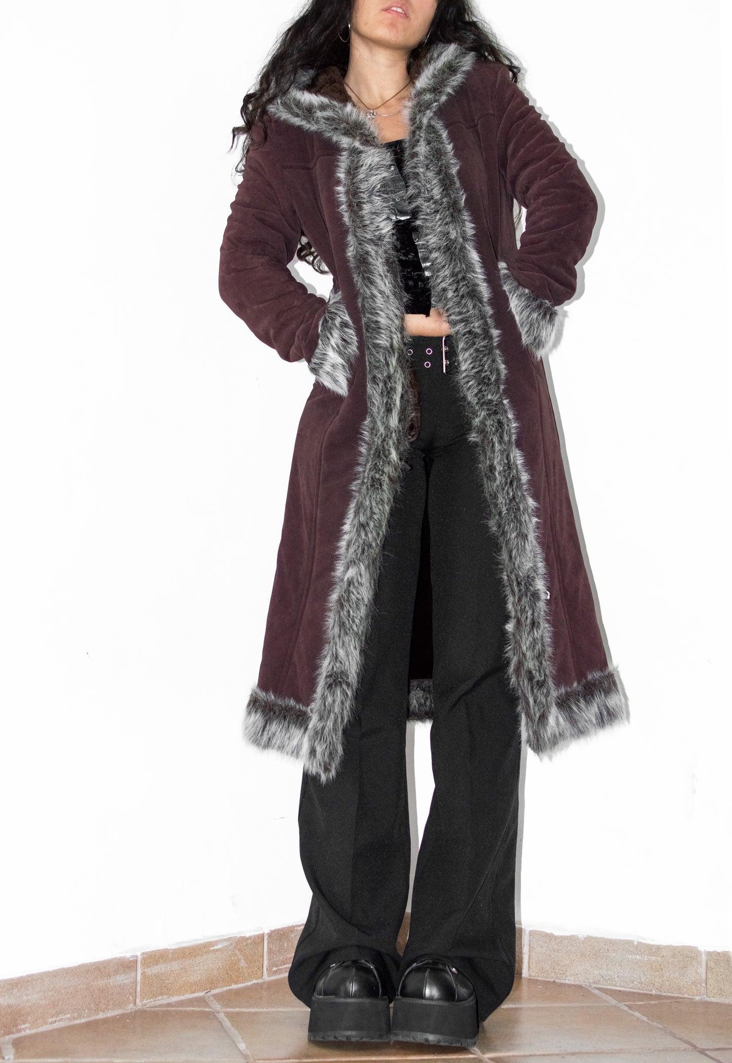 Vintage Burgundy Faux Fur Hooded Afghan Coat