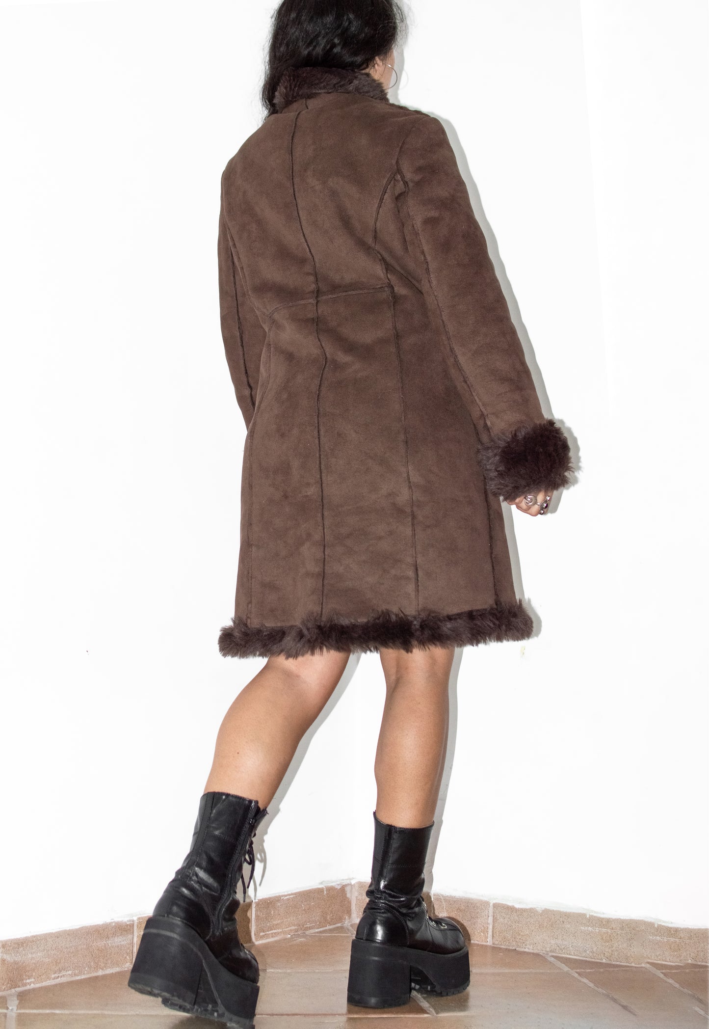 Vintage Embroidery Brown Fur Trimmed Coat