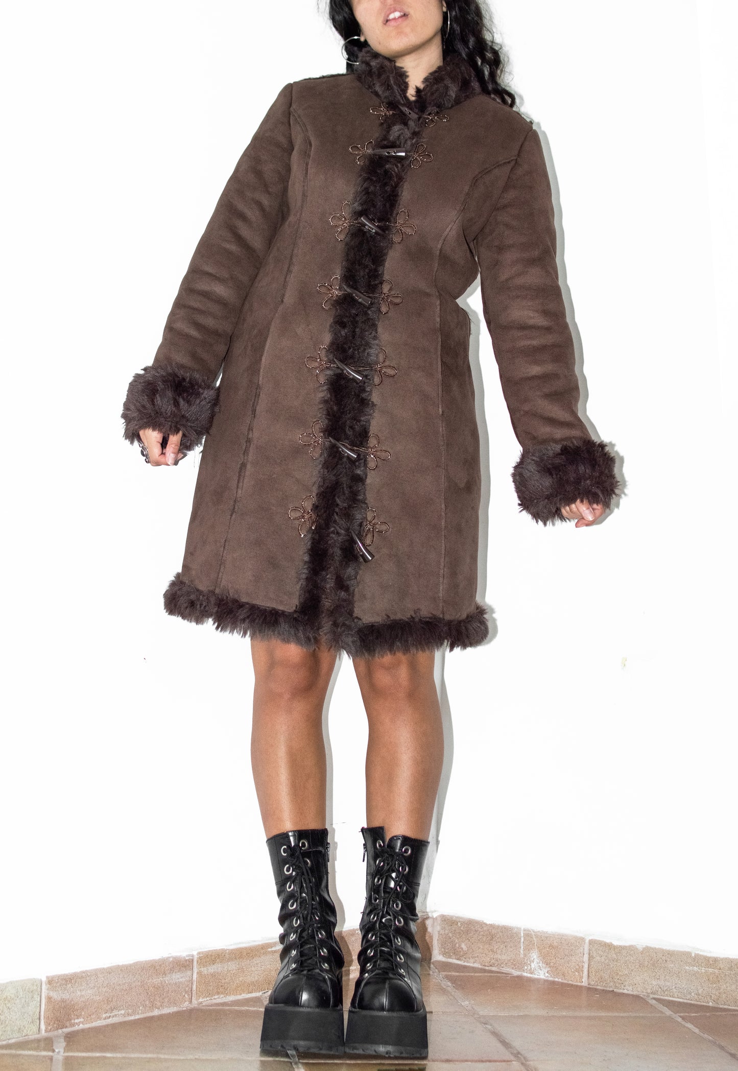 Vintage Embroidery Brown Fur Trimmed Coat