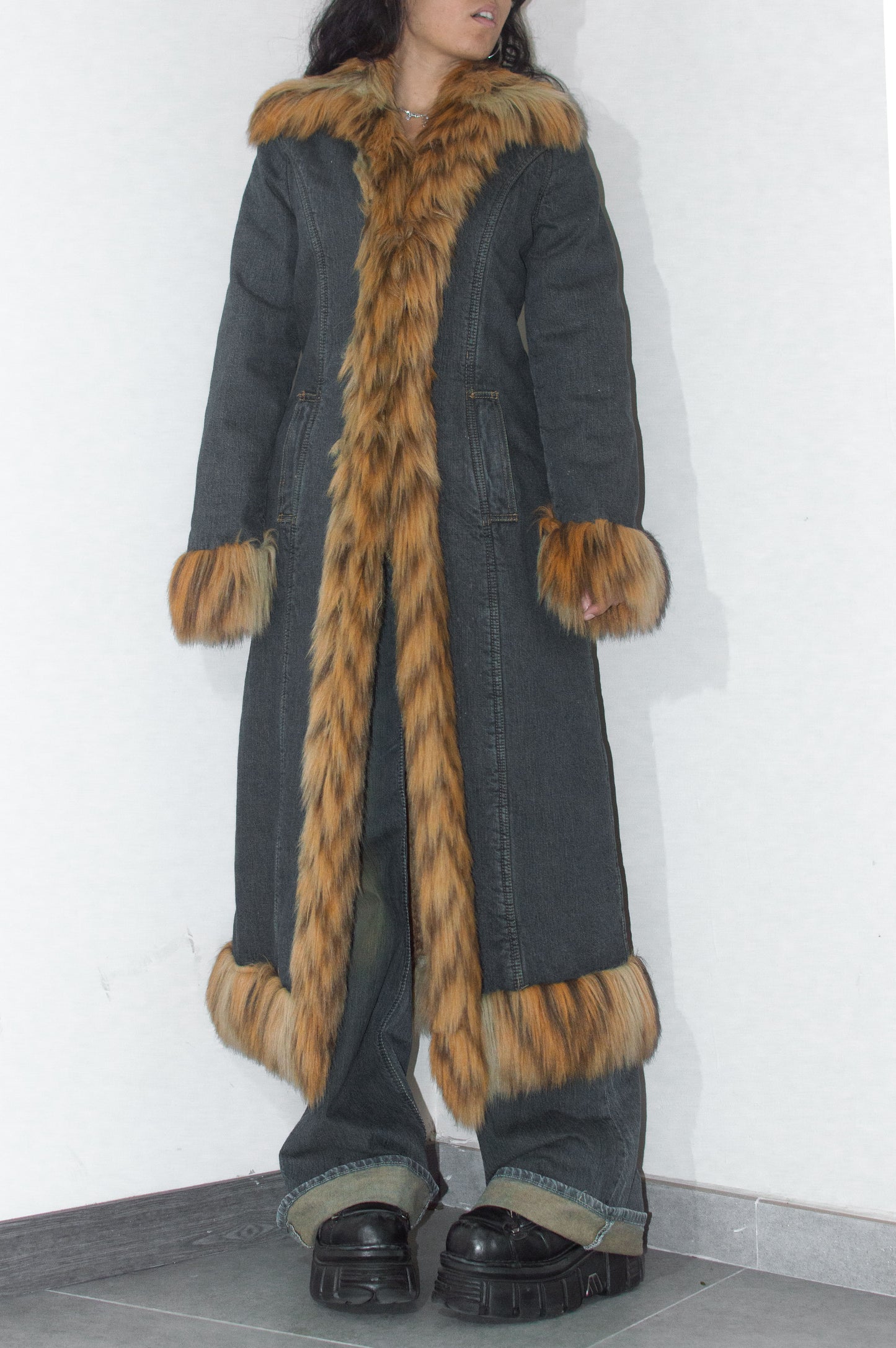 Vintage Y2k Super Fluffy Denim Full Length Bratz Faux Fur Trim Winter Coat - Size S