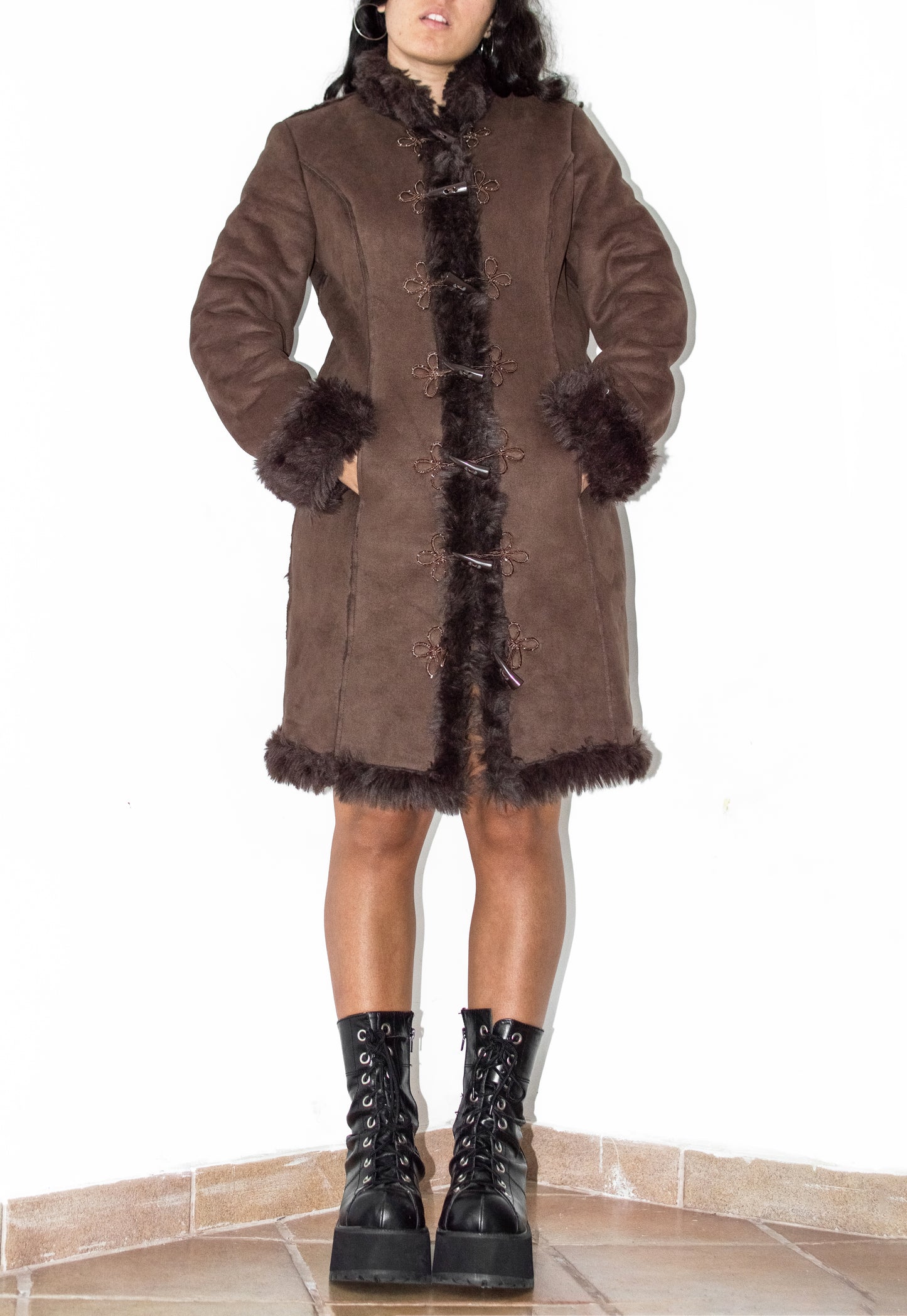 Vintage Embroidery Brown Fur Trimmed Coat