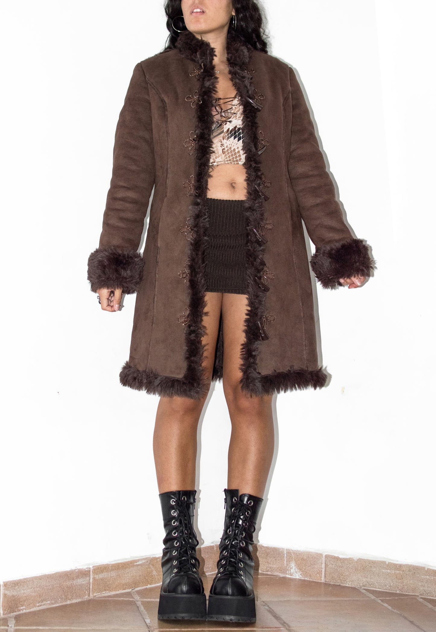 Vintage Embroidery Brown Fur Trimmed Coat