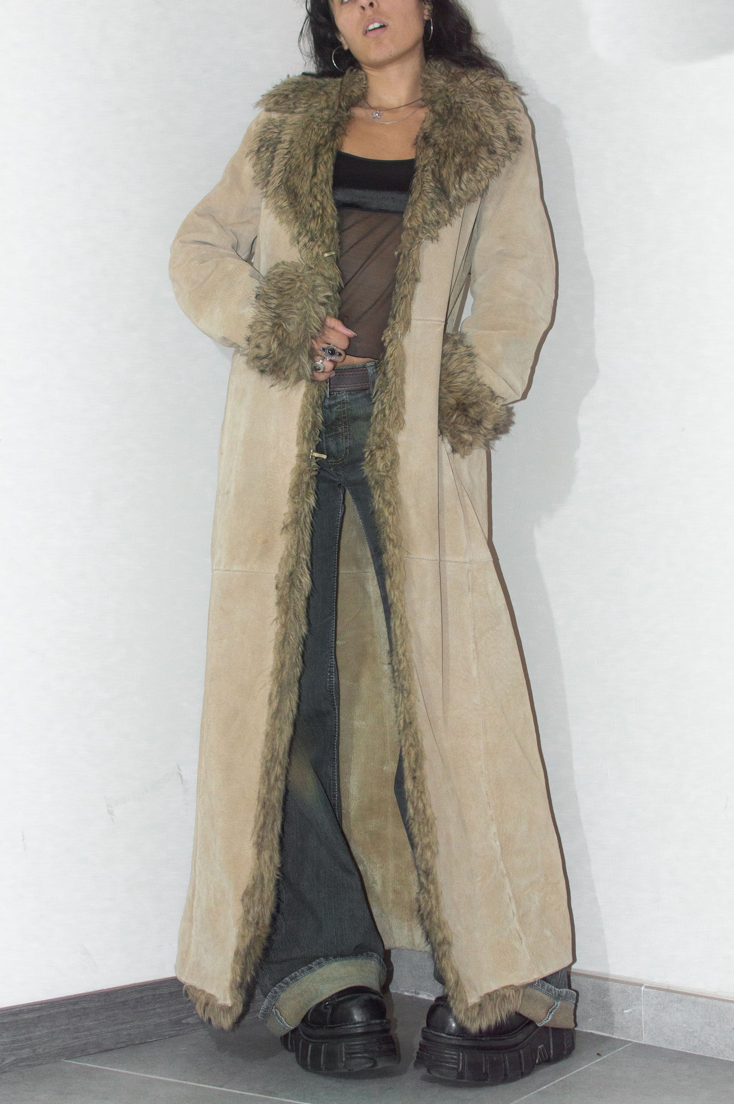 Vintage Y2k Pig Leather Winter Faux Fur Lined Maxi Afghan Coat - Size L